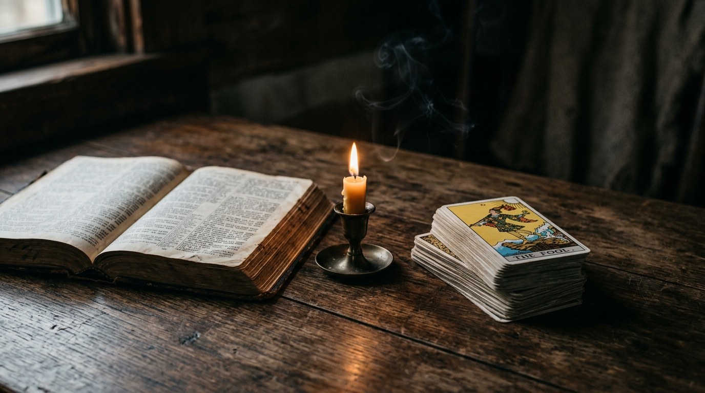 Tarot cards set aside beside an open Bible in candlelight, symbolizing a turn away from the occult toward Christian faith