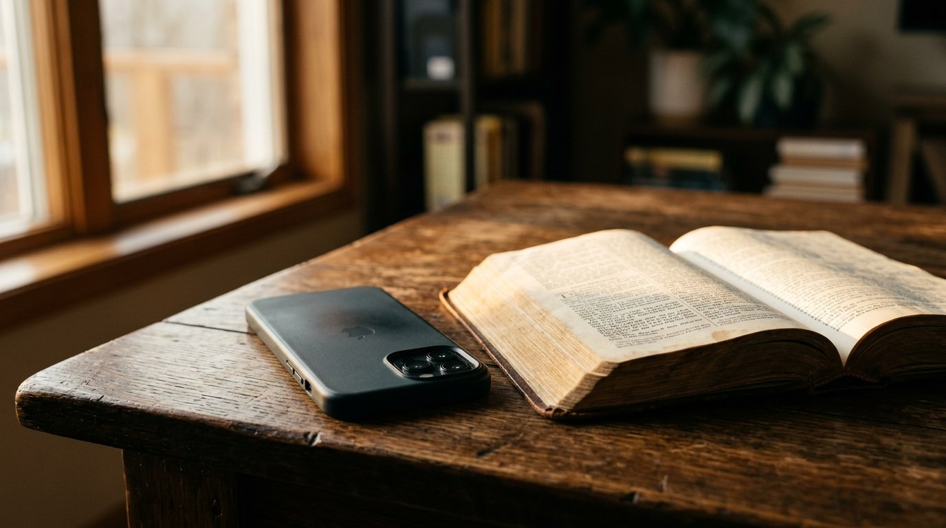 A smartphone lying face down beside an open Bible on a wooden table, symbolizing stepping back from social media toward faith
